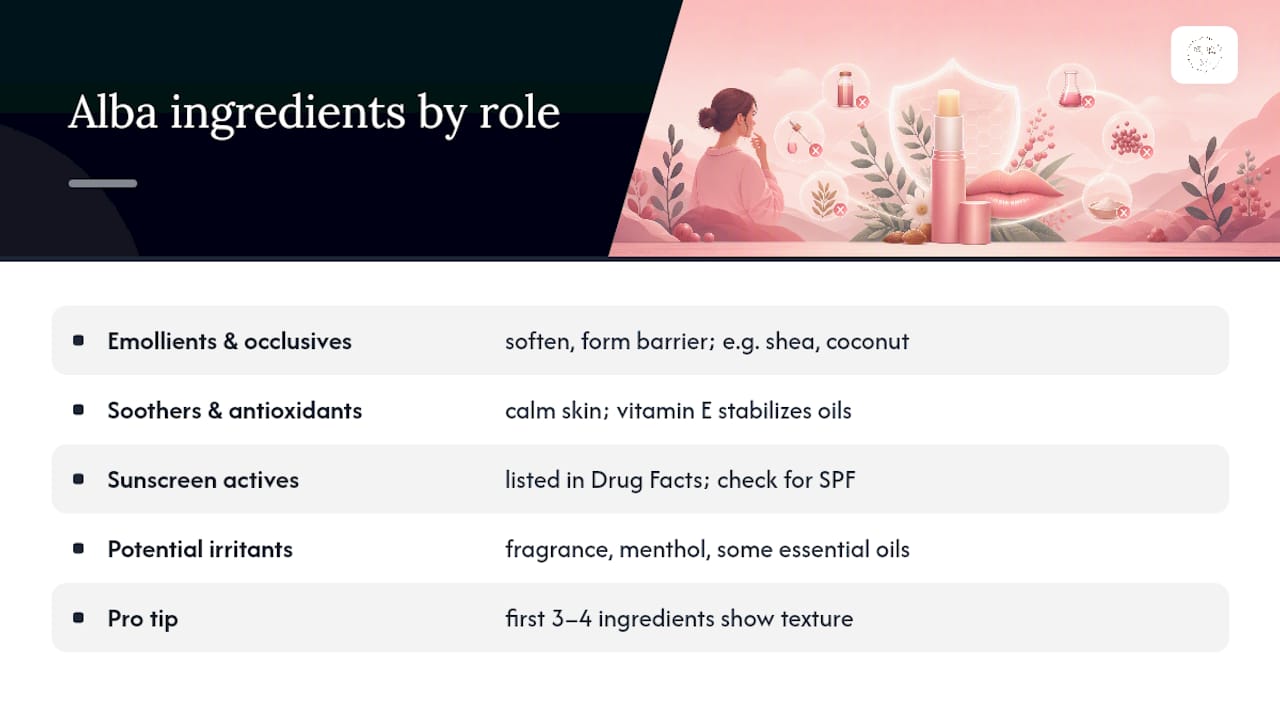 Diagram categorizing Alba lip balm ingredients
