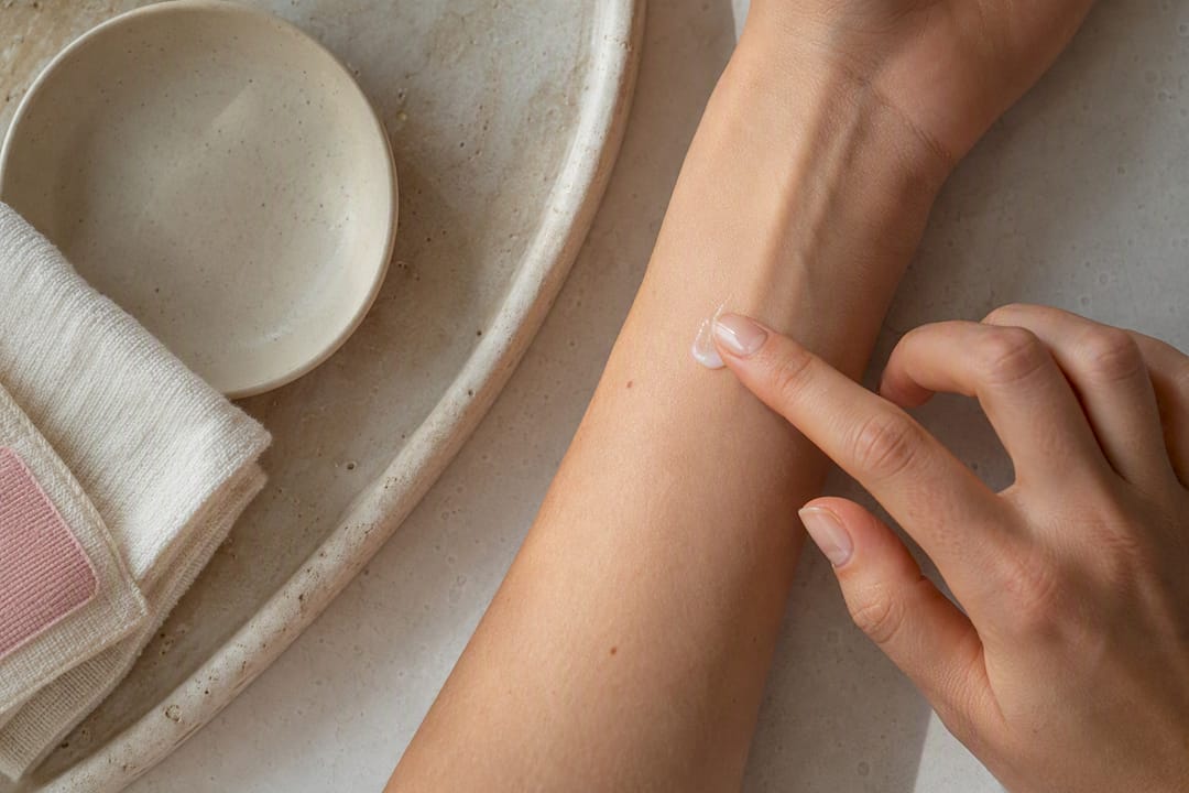 Finger applying inner forearm patch test