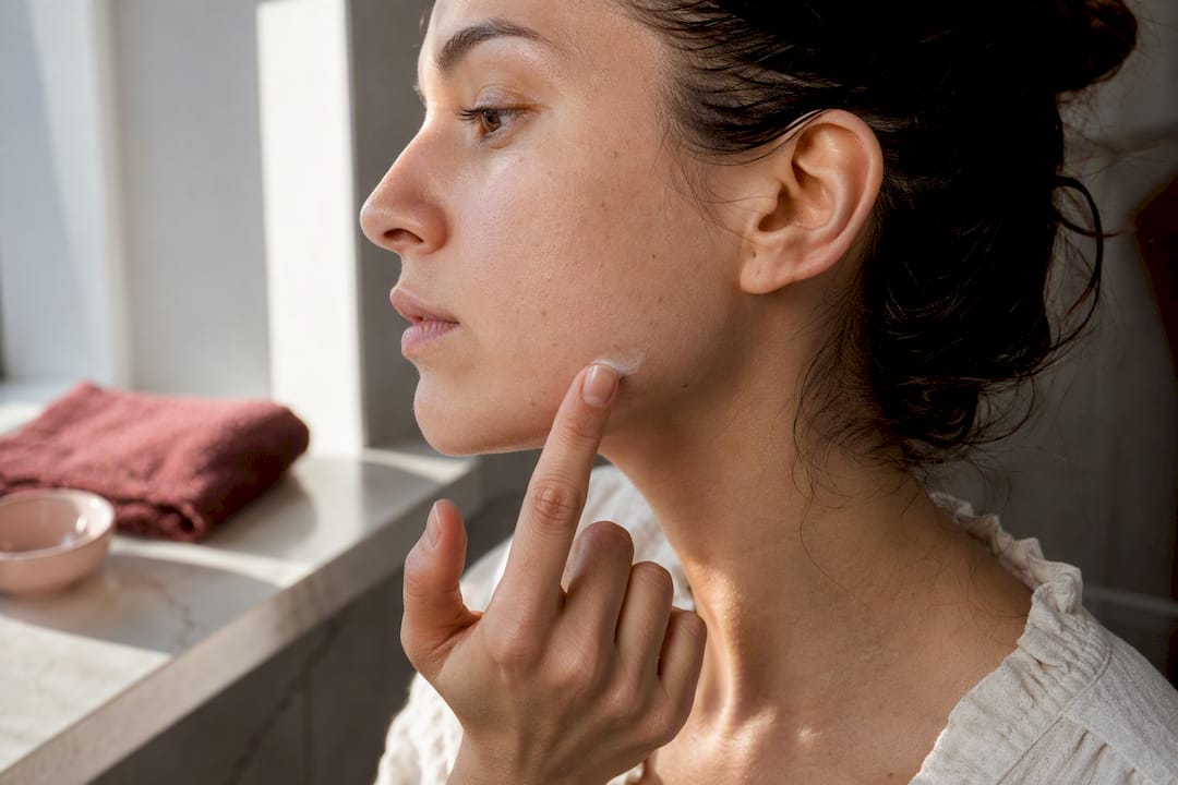 Woman testing cream on one jawline