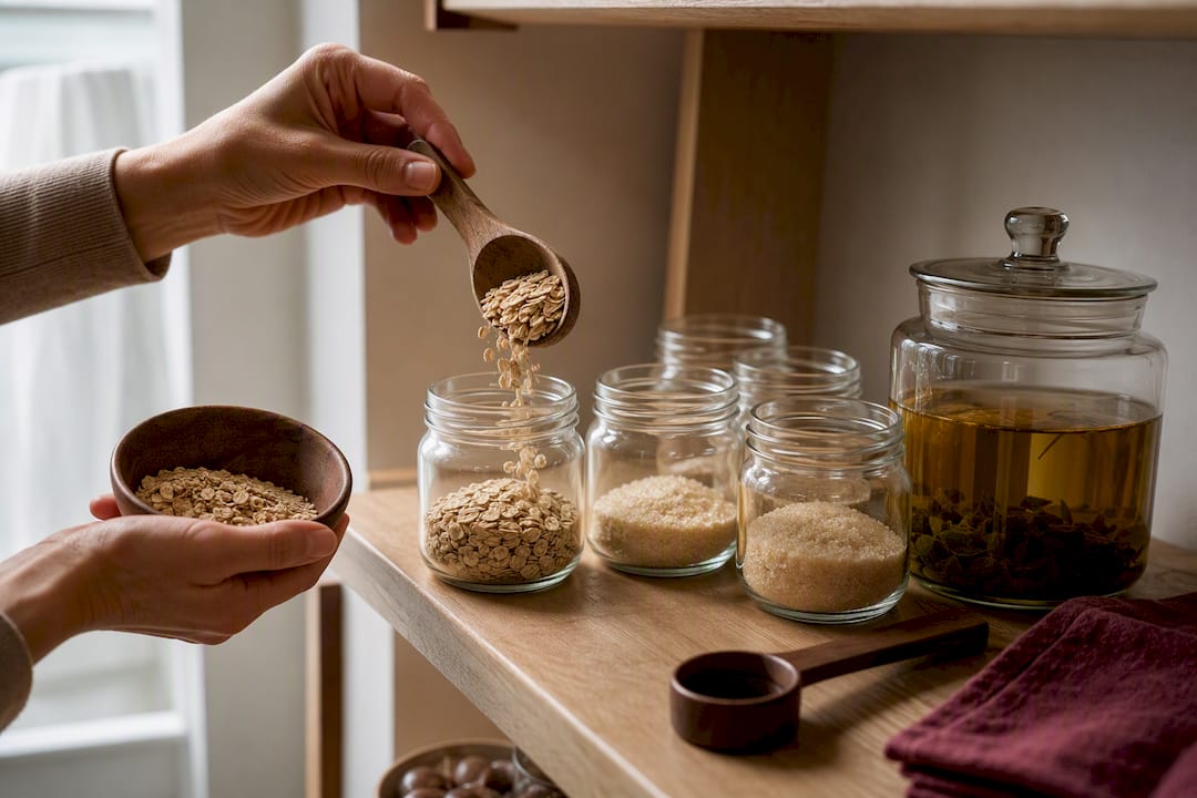 Hands portioning DIY skincare ingredients into jars
