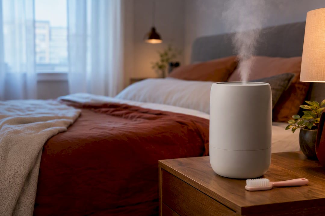 Humidifier positioned beside bedroom bed