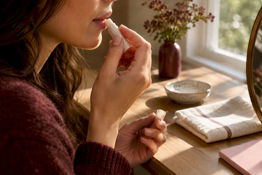 Woman applying lip balm mindfully