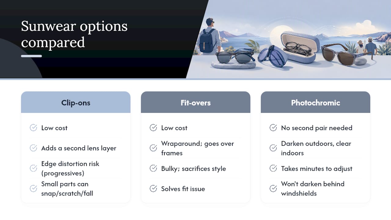 Clip-ons, fit-overs, and photochromic lenses: how do they compare? — overview diagram