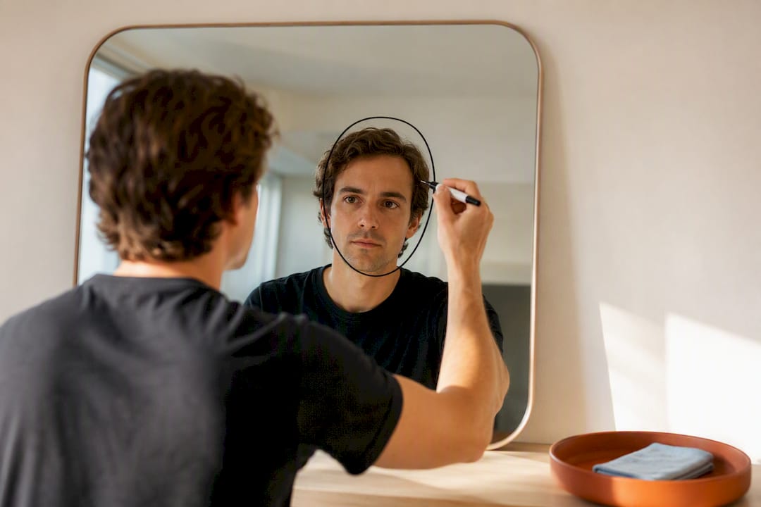Person tracing face shape in mirror