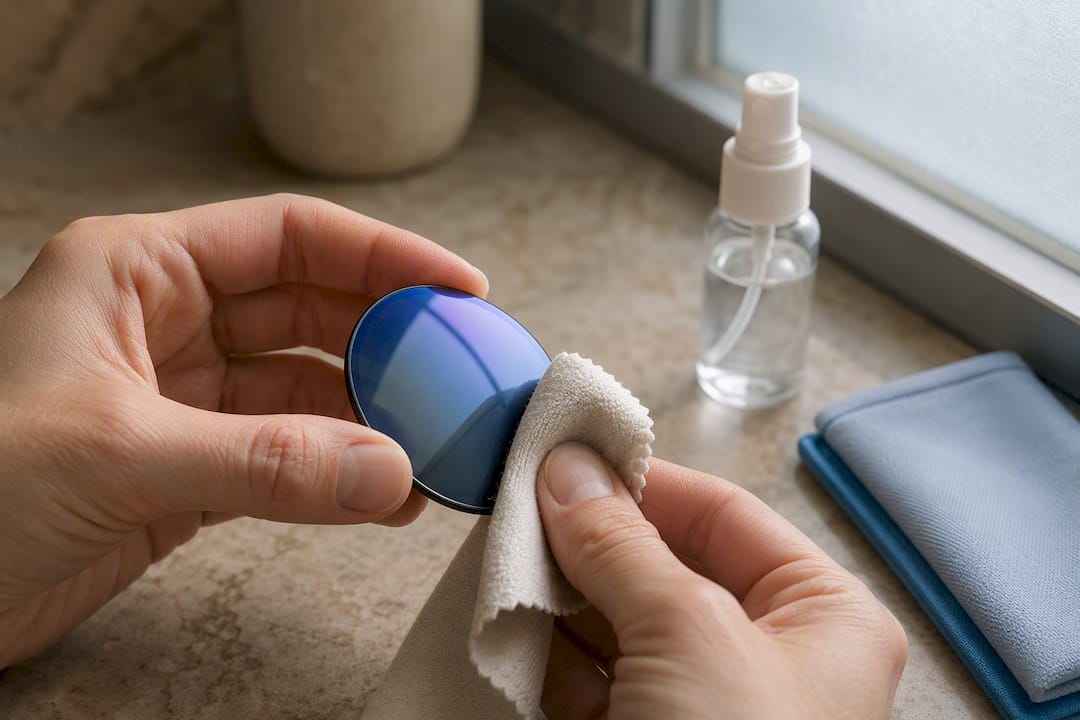 Hands cleaning a mirrored sunglass lens