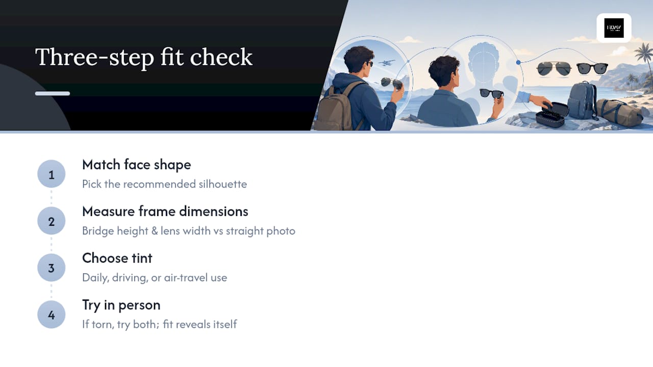 Three-step sunglasses fit check diagram