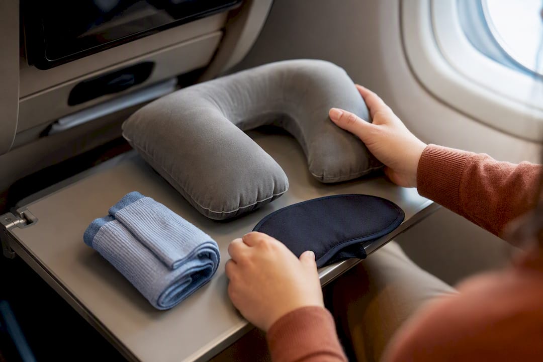 Travel comfort accessories arranged for flight