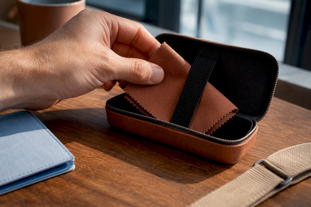Microfiber cloth clipped inside travel case
