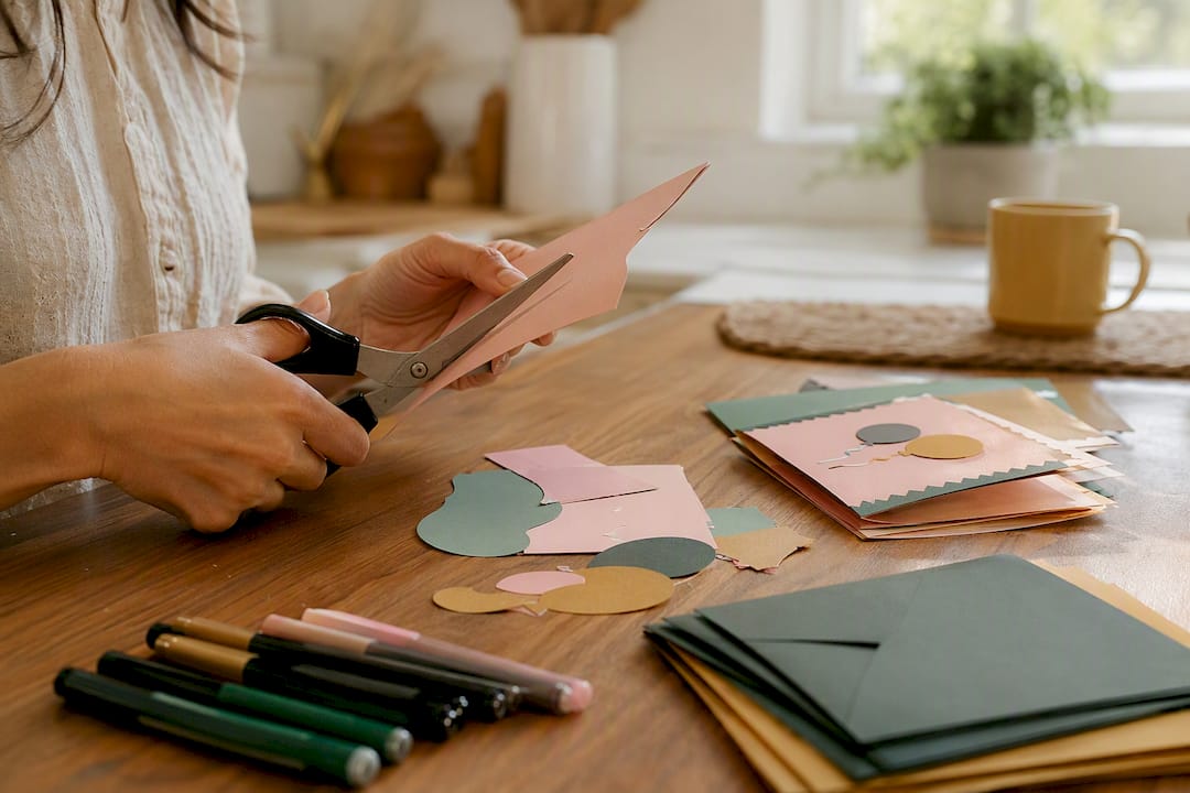 Hands making simple DIY birthday invitations
