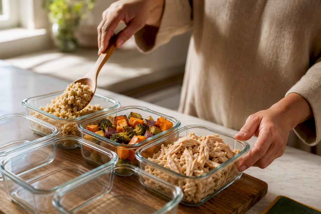 Separate cooked meal components in containers