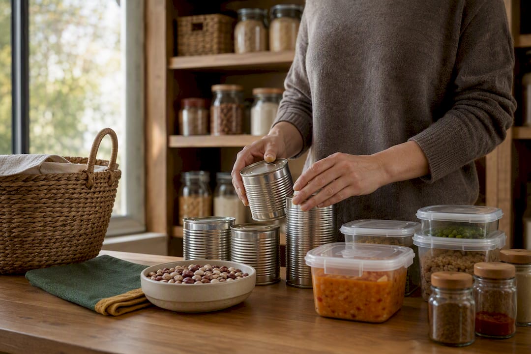 Hands organizing pantry ingredients for meal planning