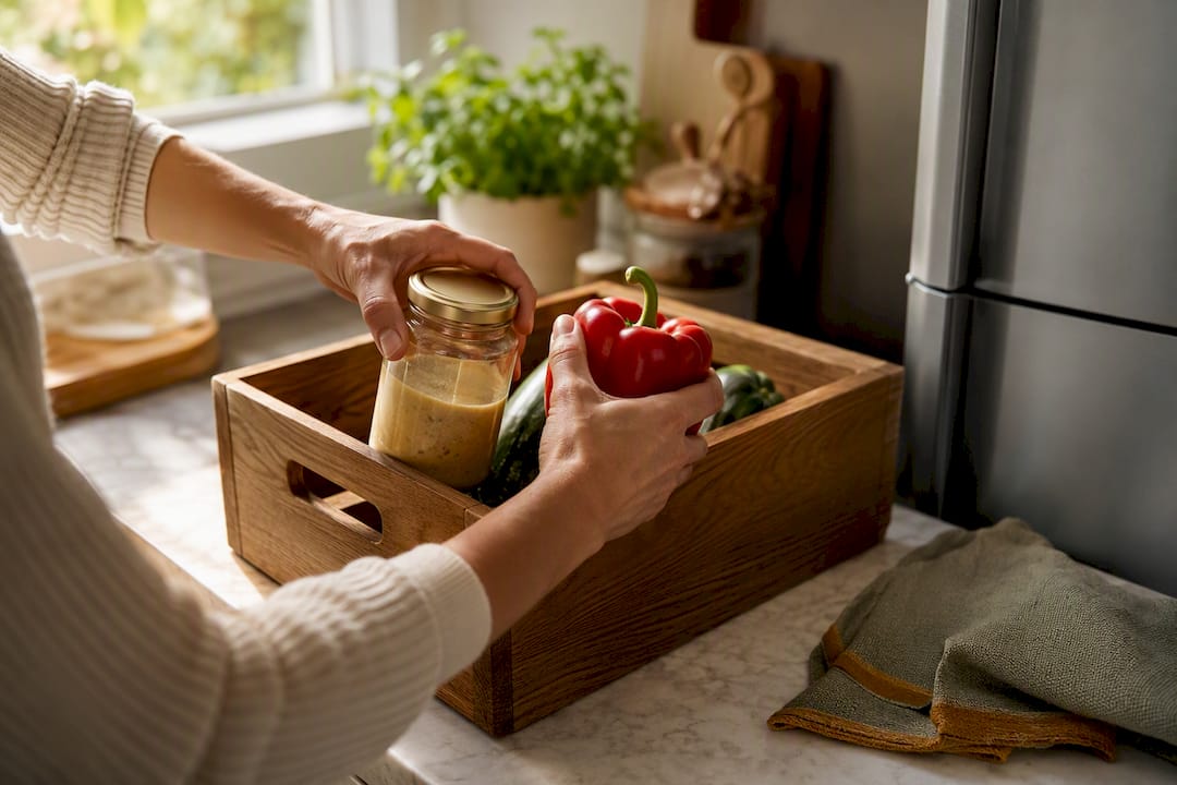 Hands placing food in use first box