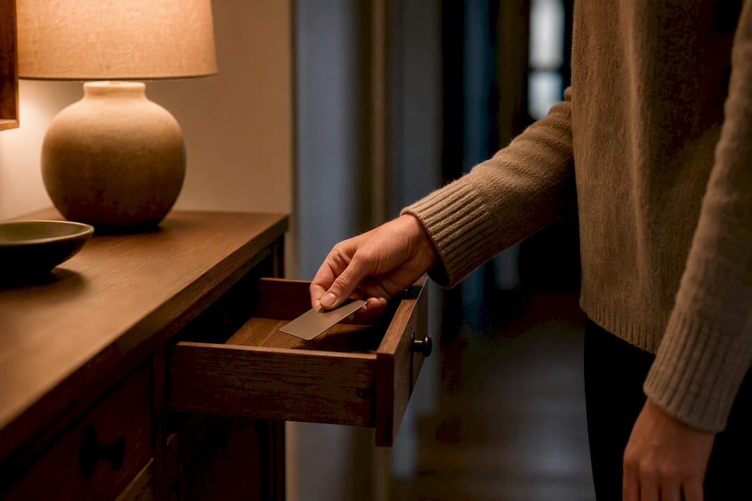 Hand retrieving payment card from drawer