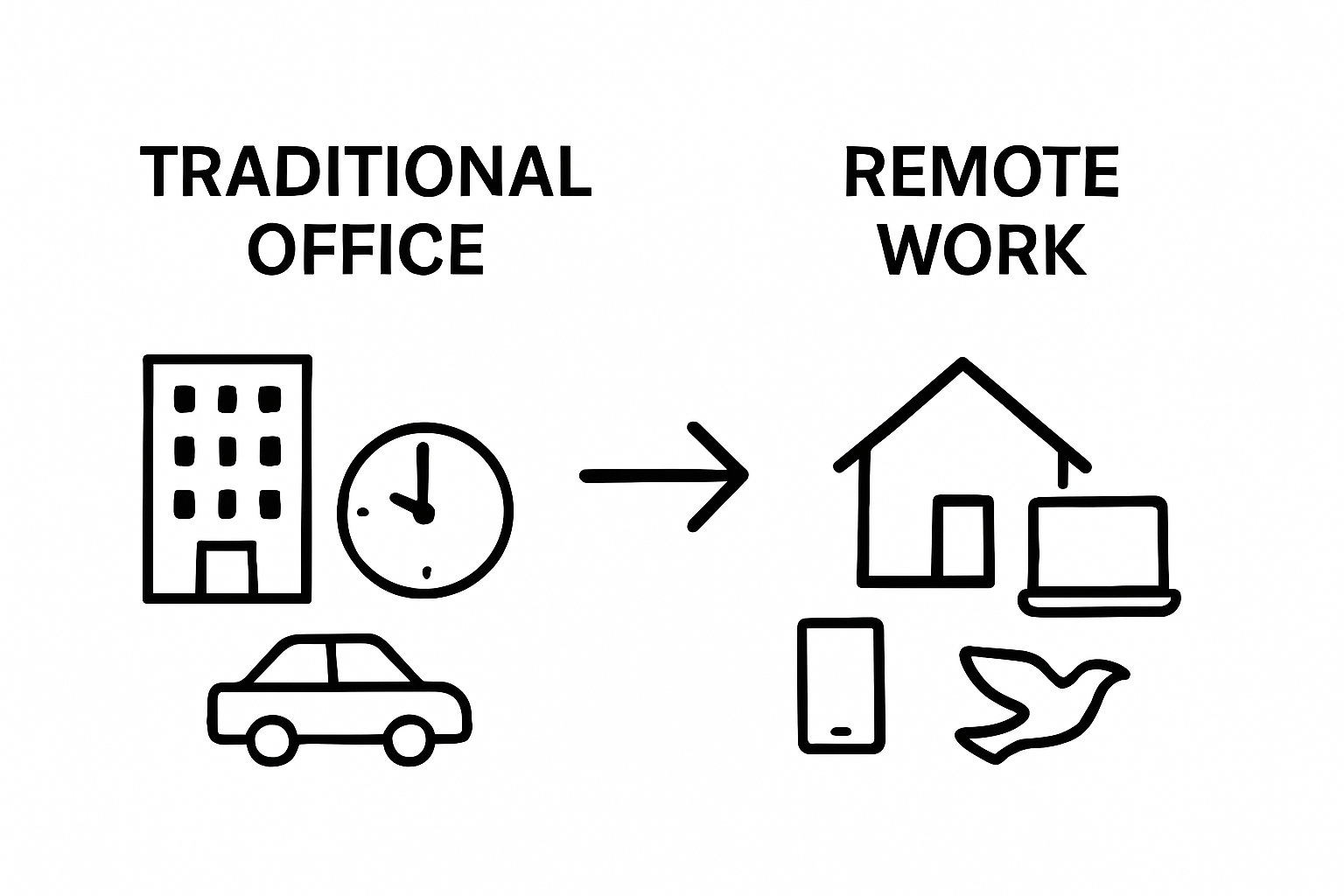 Comparison of traditional office work vs. remote work setup workflow