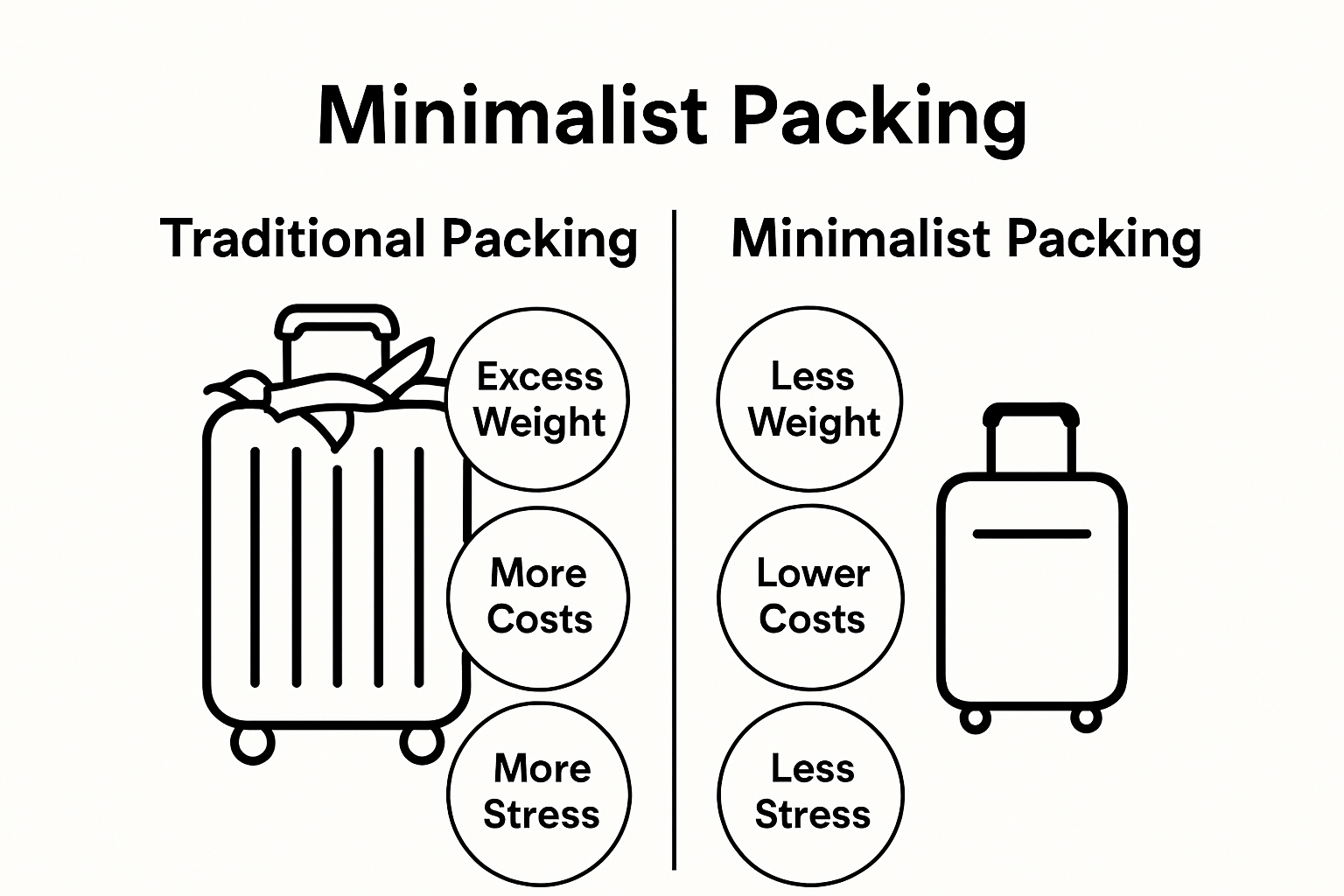 Traditional vs. minimalist packing benefits side-by-side icons