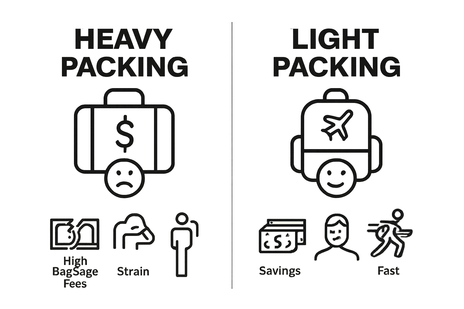 infographic comparing heavy and light packing benefits
