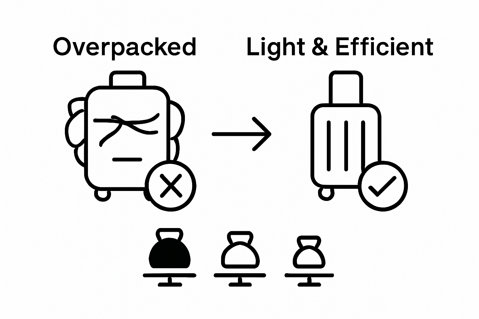 Before and after infographic showing overpacked suitcase vs light compact carry-on.