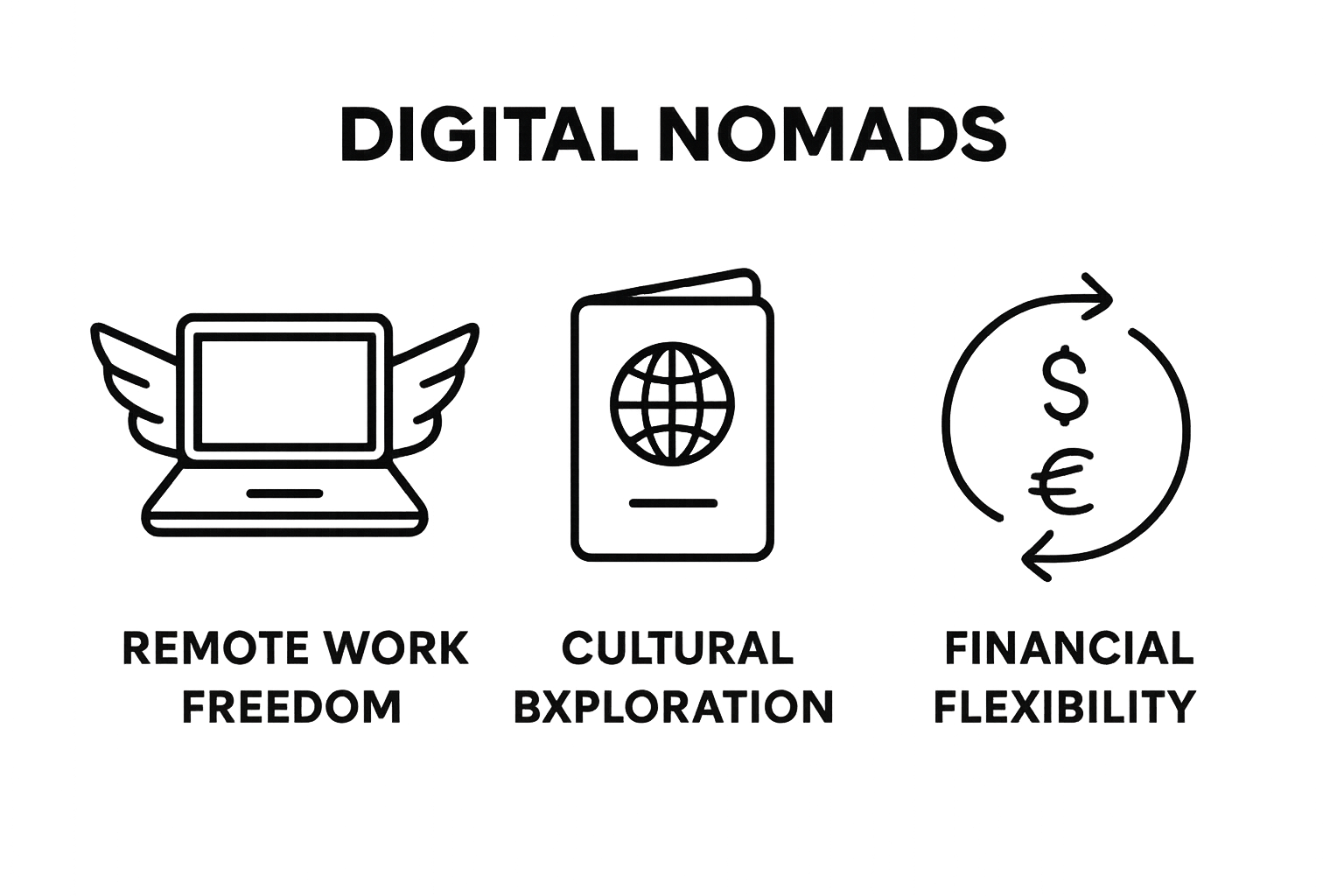 Infographic showing remote work, travel, and financial benefits of digital nomad lifestyle