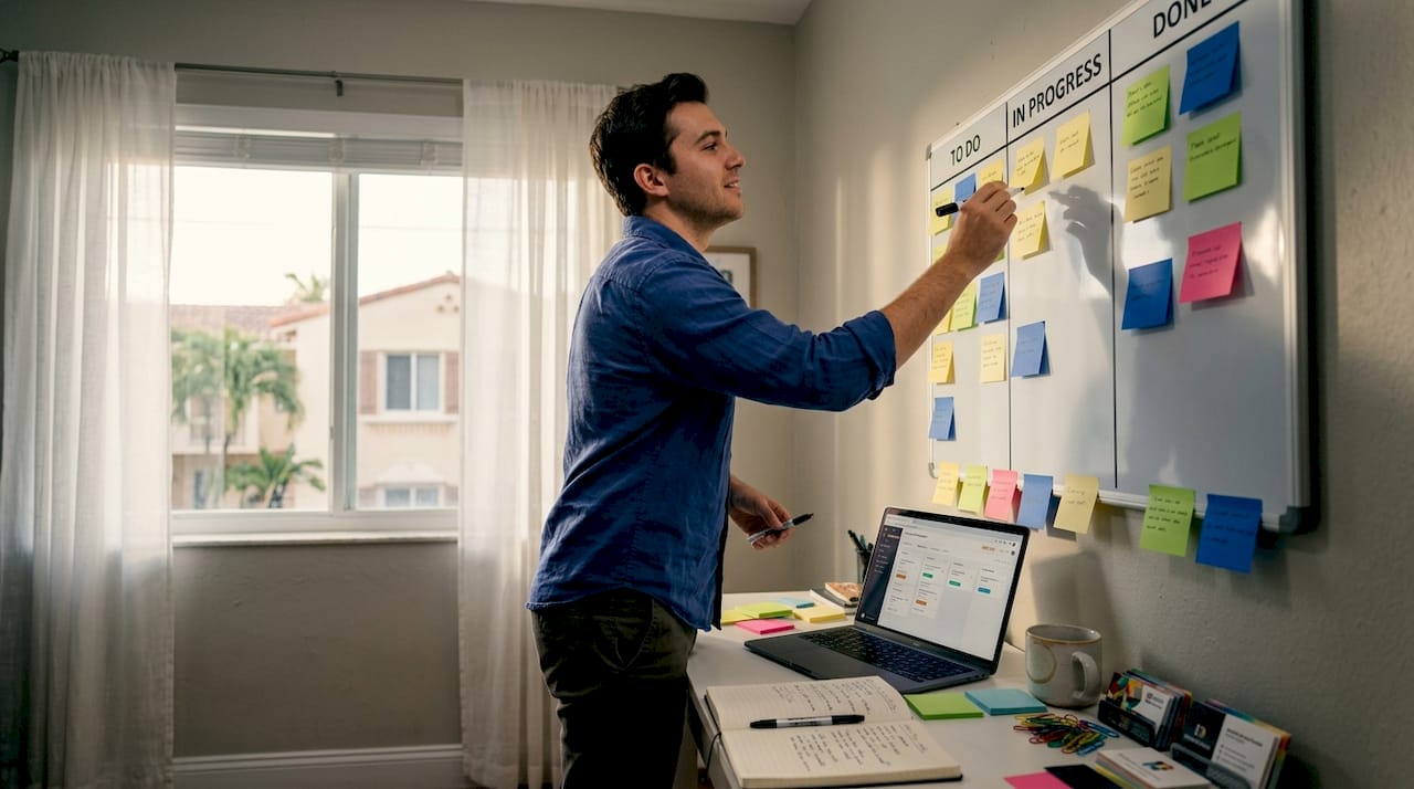 Why Agile Project Management Boosts Efficiency For Miami Professionals - Transform 42 Inc Professional Reviewing Agile Kanban Board At Home