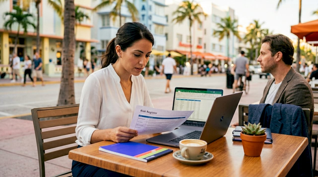 The Role Of Consultancy In It: A Guide For Miami Financial Pros - Transform 42 Inc Cybersecurity Consultant Reviewing Risk Register In Office