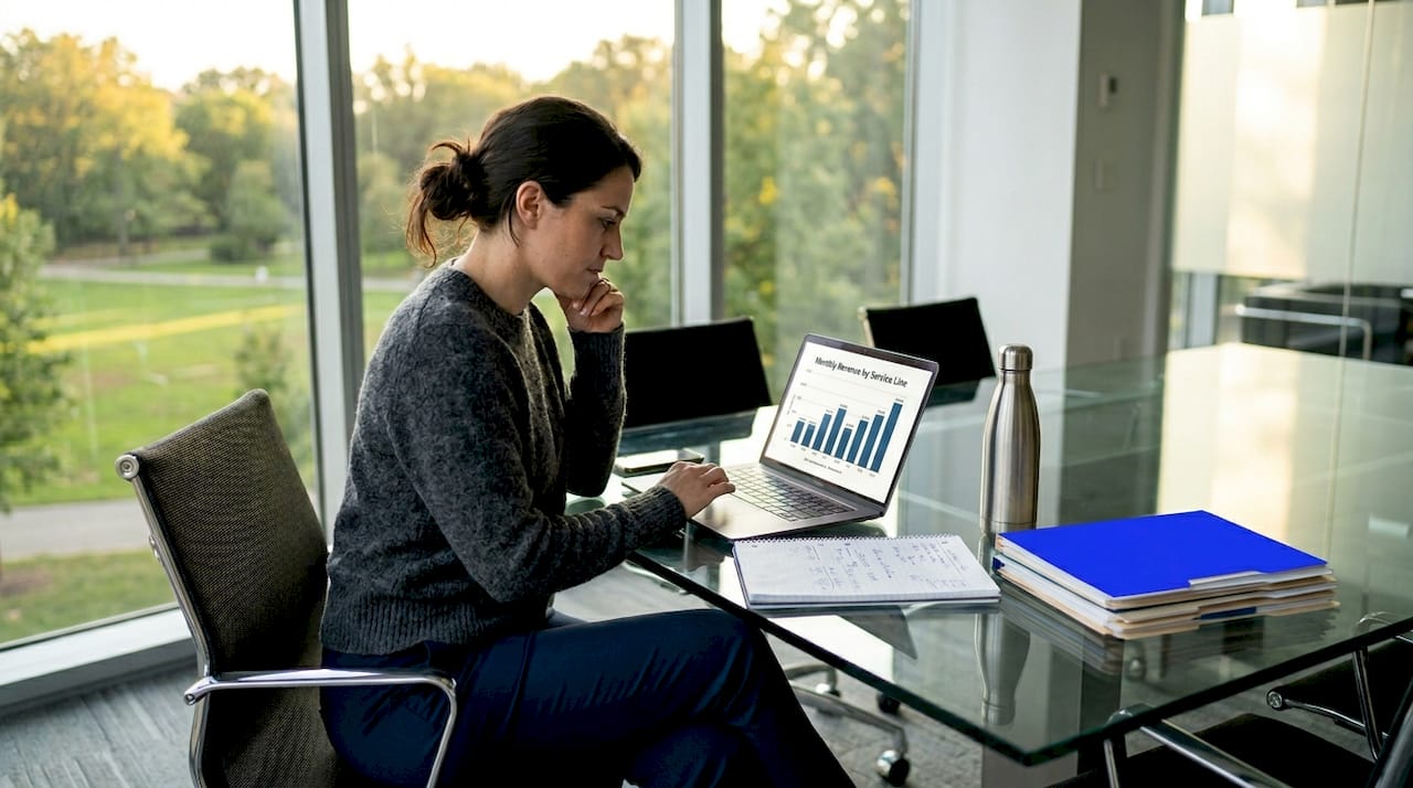 Types Of Data Analytics: The Smb Financial Leader'S Guide - Transform 42 Inc Woman Reviewing Descriptive Analytics Dashboard