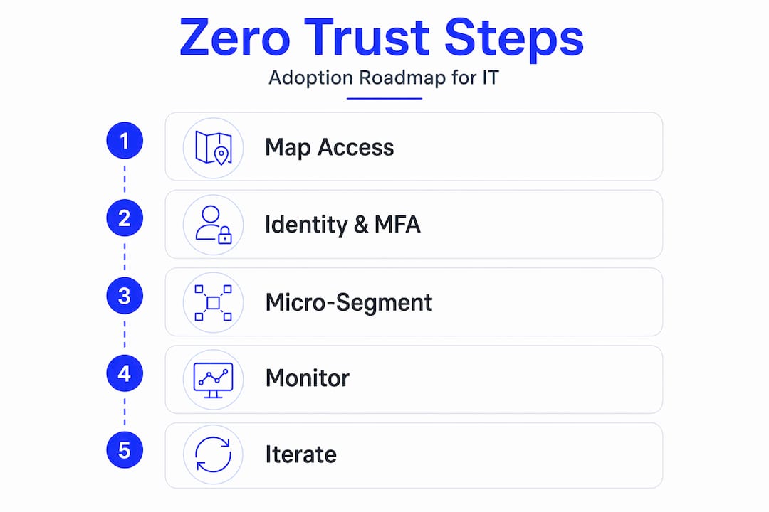 Why Adopt Zero Trust: A 2026 Guide For It Leaders - Transform 42 Inc Infographic Showing Five Steps To Zero Trust Adoption