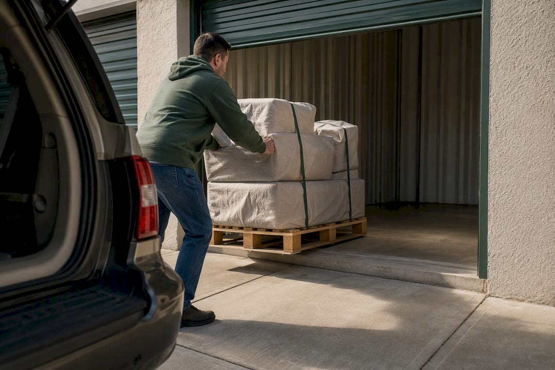 Open roll-up door beside storage lane
