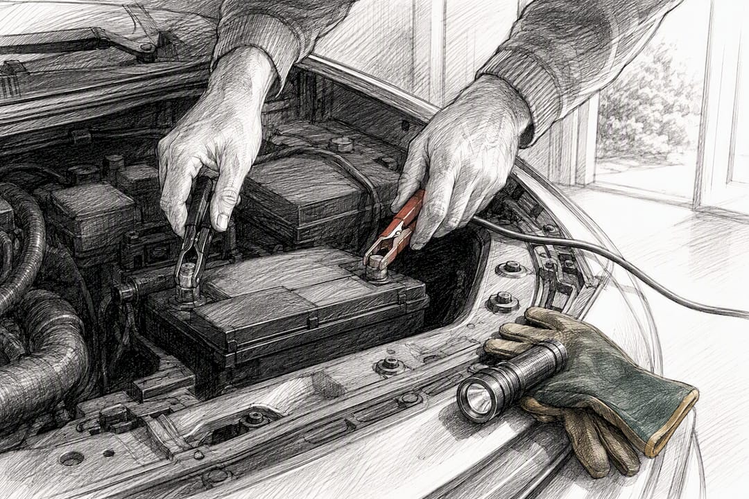 Hands connecting a battery tender during car storage
