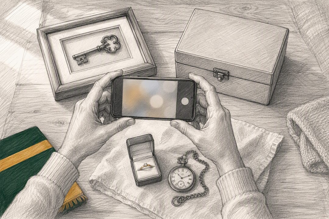 Hands photographing valuable keepsakes before storage