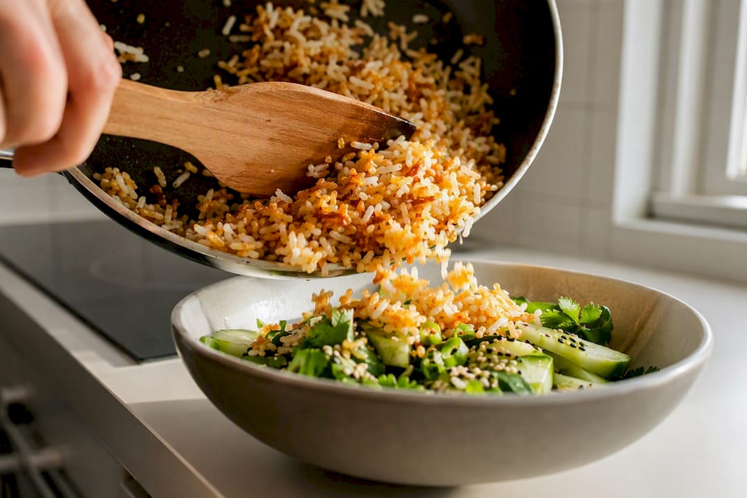Krokant gebakken rijst voor in de salade