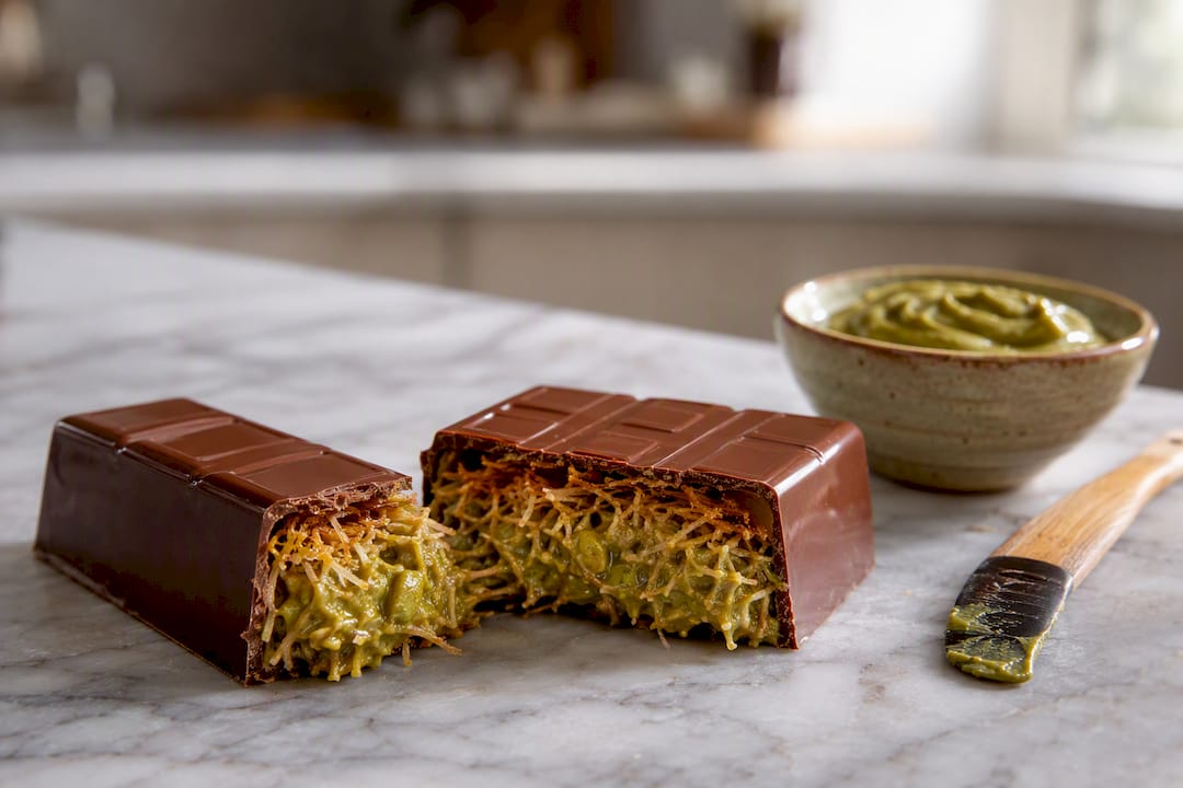 Gebroken chocoladereep met pistachevulling