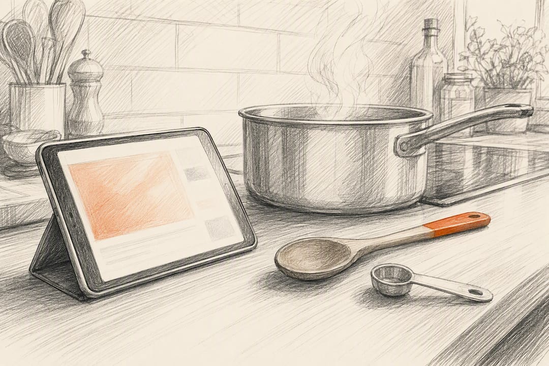 Videorecept opgeslagen naast keukengerei