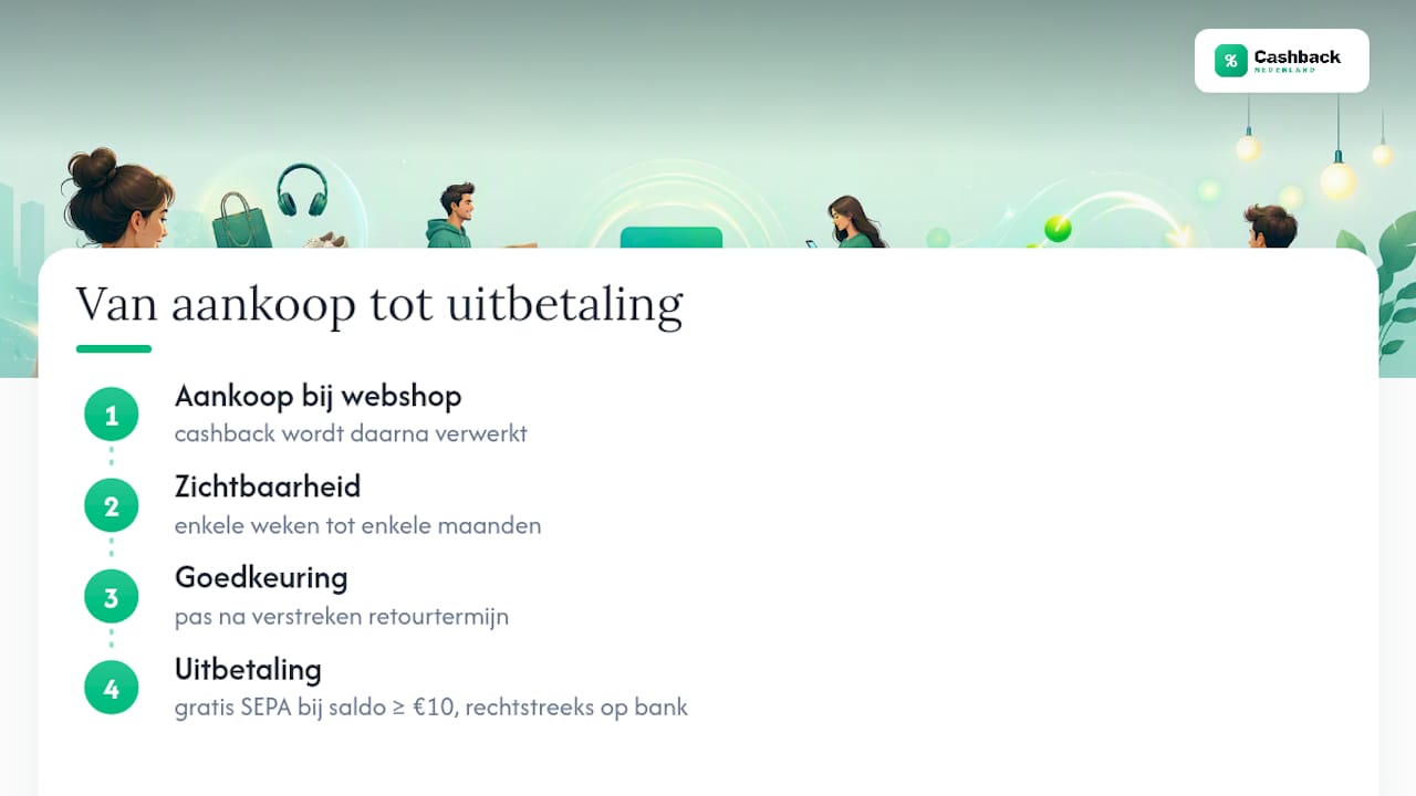 Wanneer verschijnt cashback en wanneer kun je uitbetalen? — overview diagram
