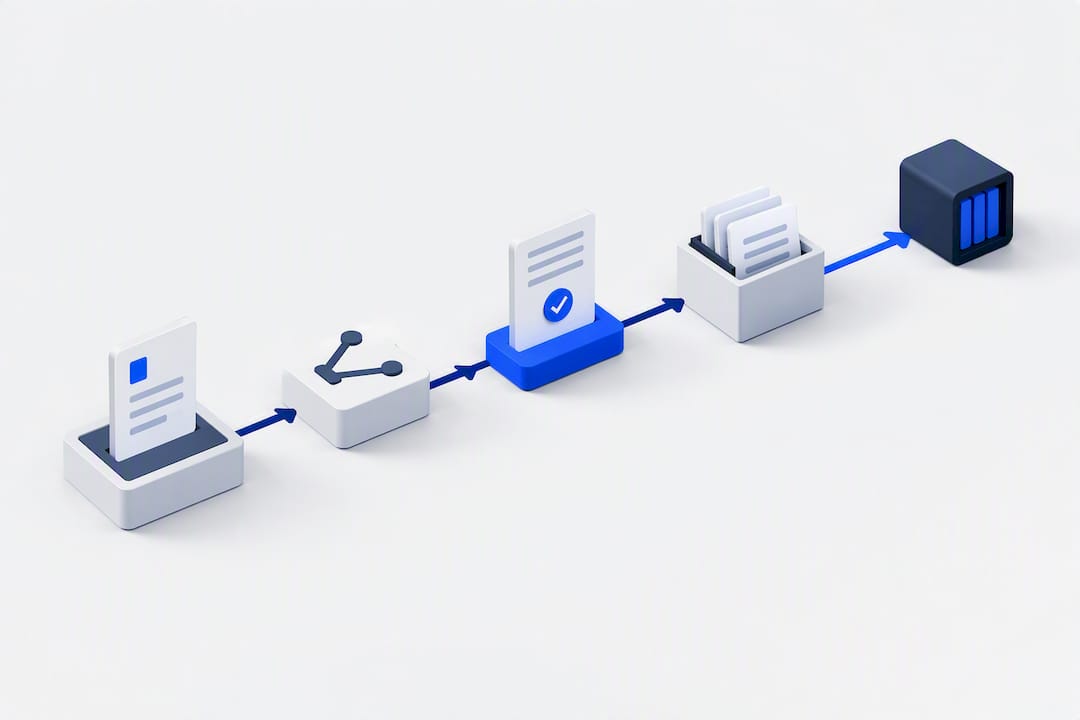 Illustration of documents moving through workflow stages