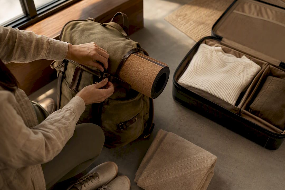 Rolled yoga mat secured to backpack