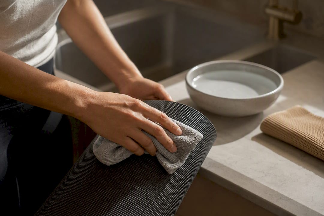 Hand wiping a yoga mat edge clean