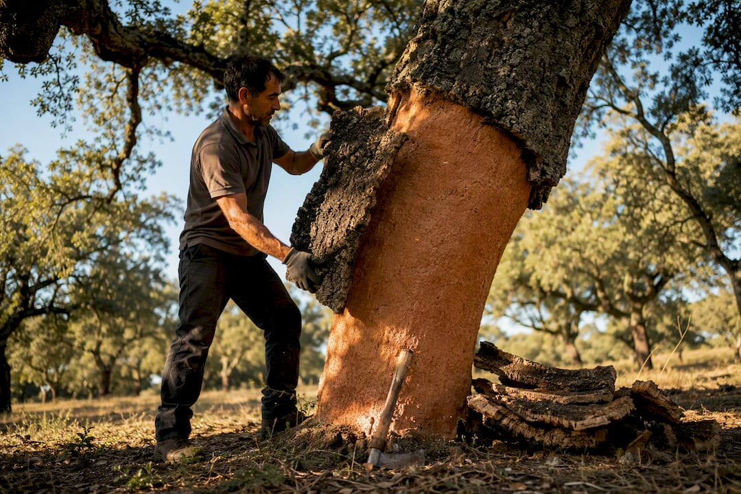 Cork bark being harvested from living oak