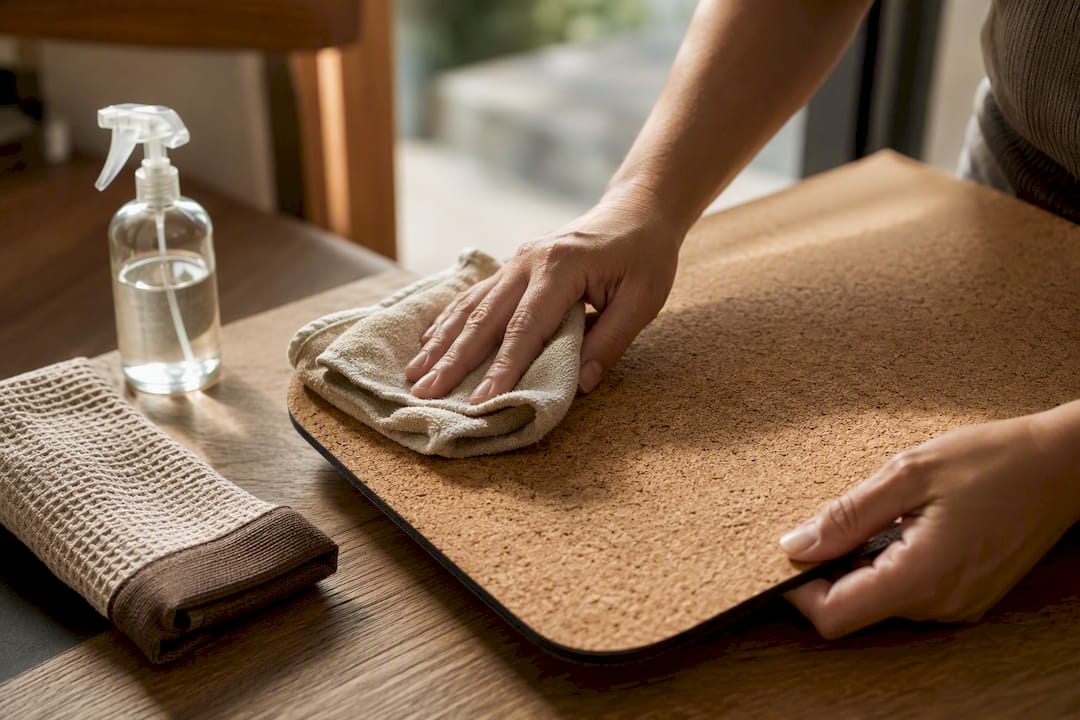 Hands cleaning a cork yoga mat surface