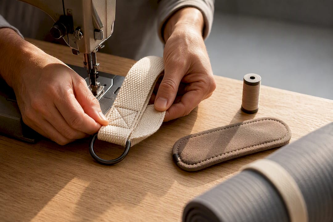 Hands stitching a webbing loop