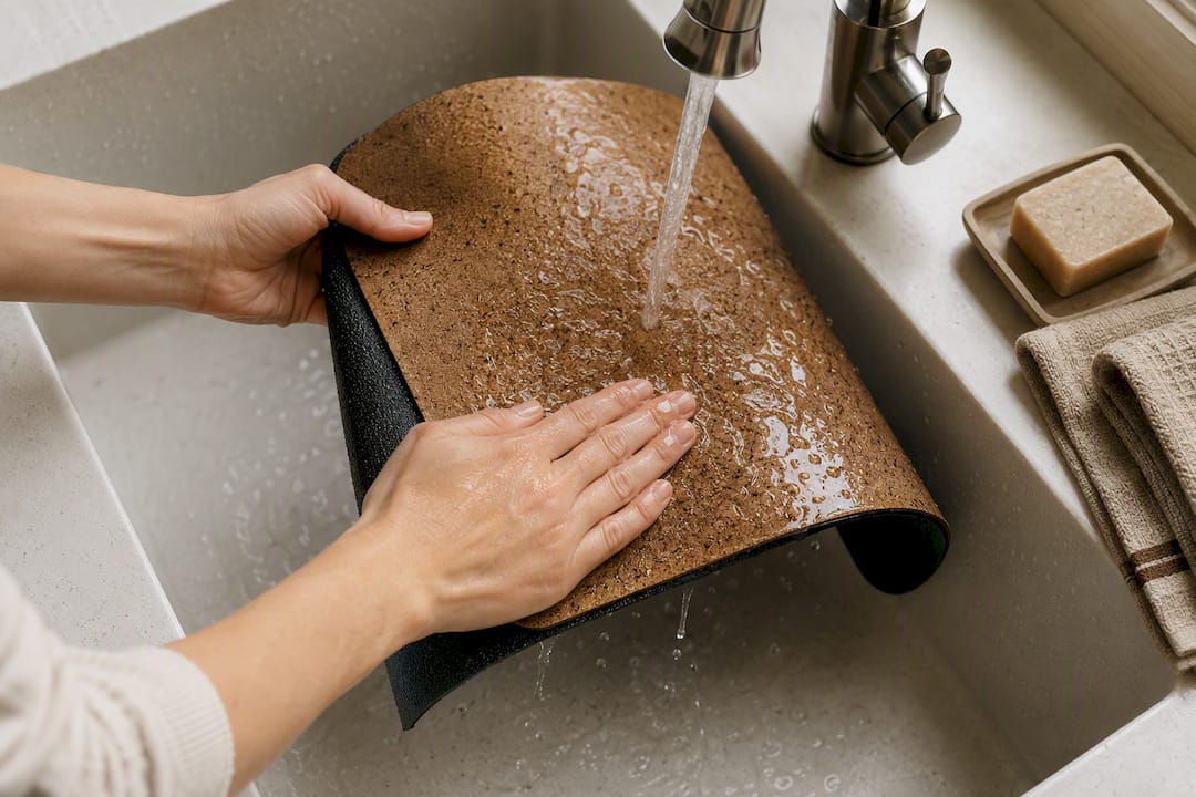 Hands rinsing a textured yoga mat surface