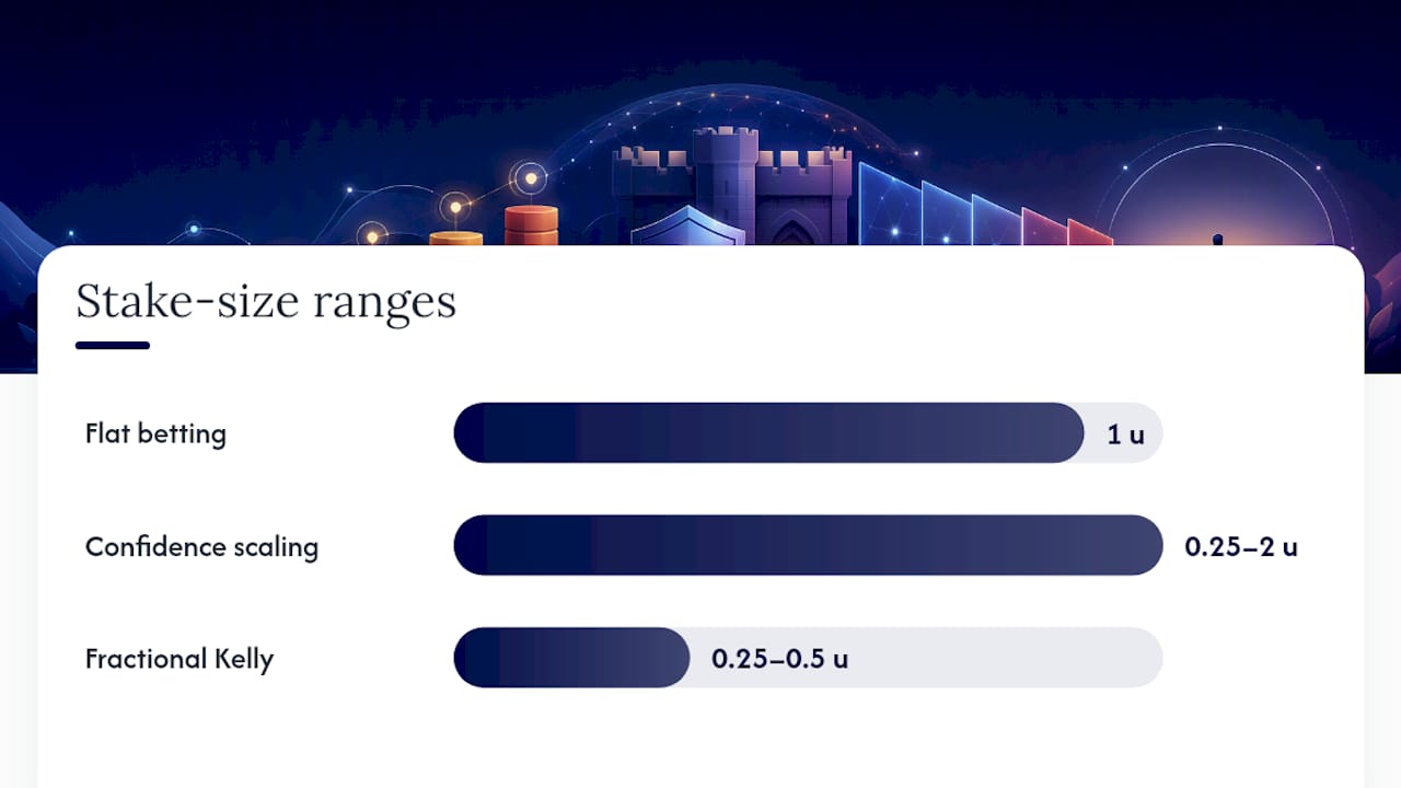 Flat Betting vs. Confidence Scaling vs. Kelly Staking — overview diagram
