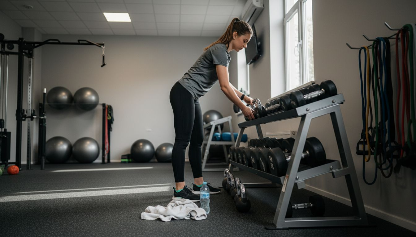 La entrenadora acomoda y ordena el material funcional en el gimnasio para que todo esté listo para la próxima sesión.