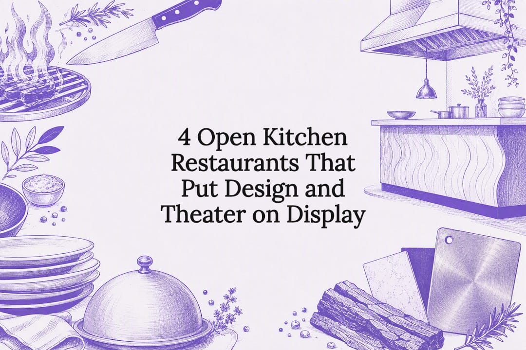 Decorative open kitchen restaurant title card