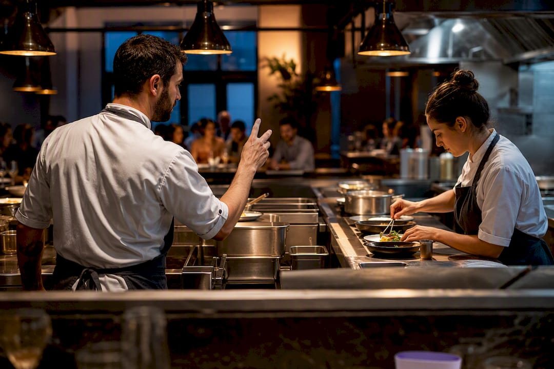 Cooks communicating with quiet hand signals
