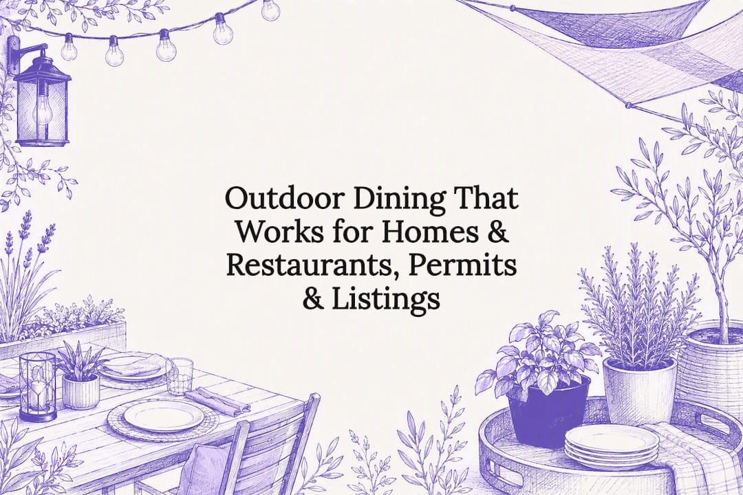 Decorative outdoor dining title card illustration