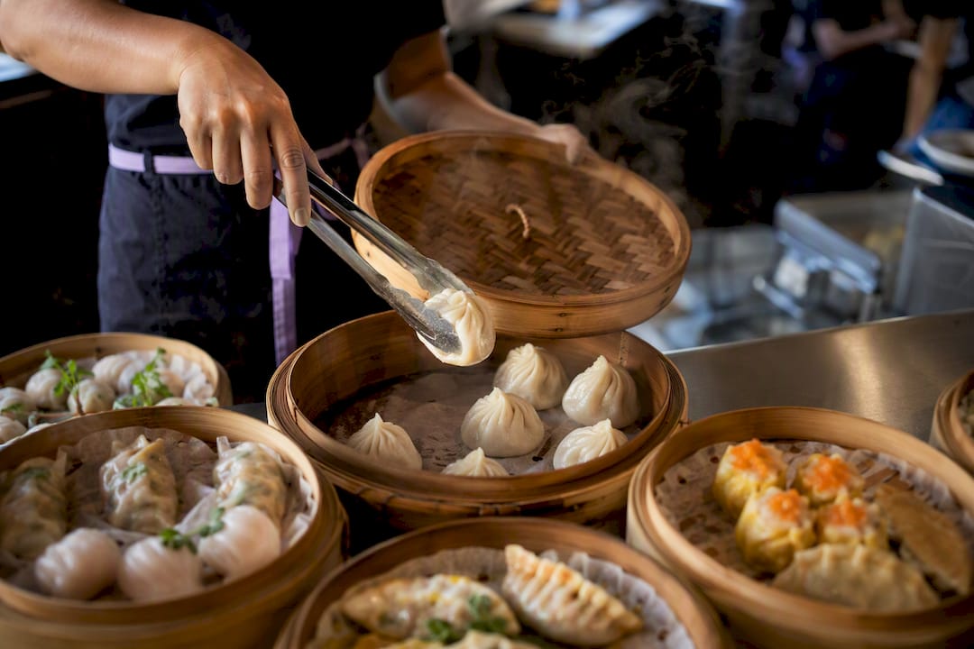 Steamed dumplings at a market festival stall