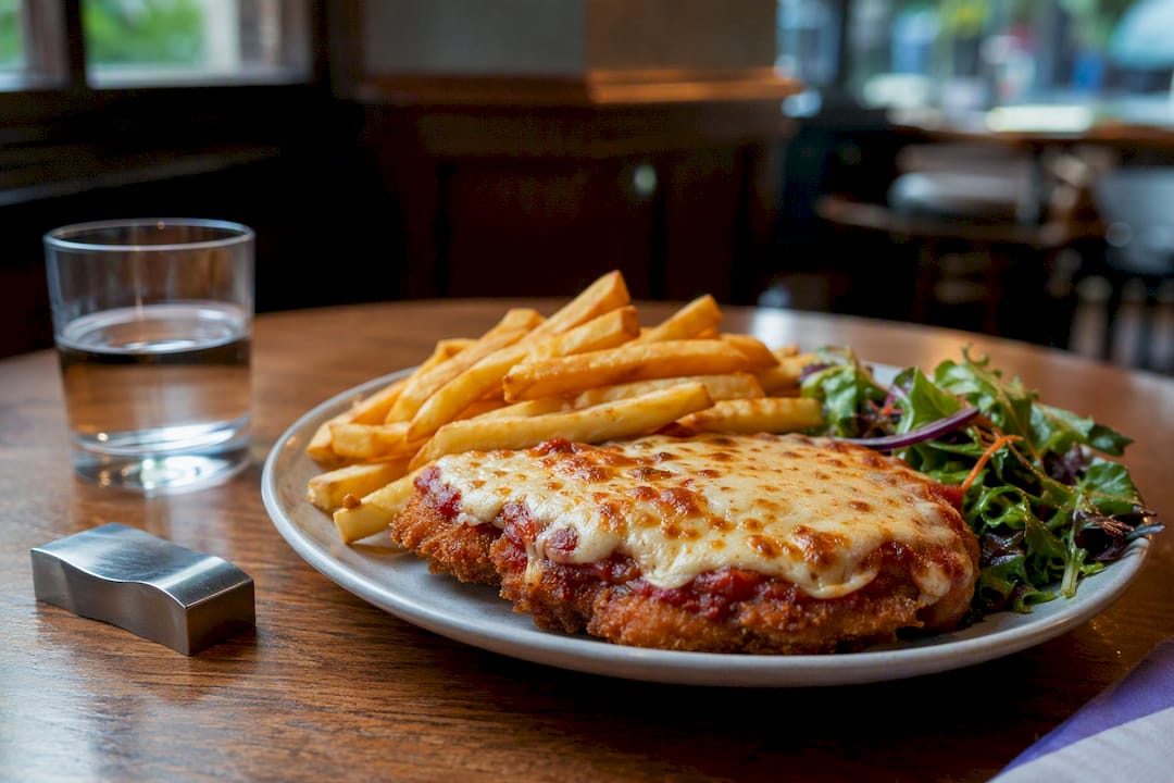 Chicken parma served in a suburban pub