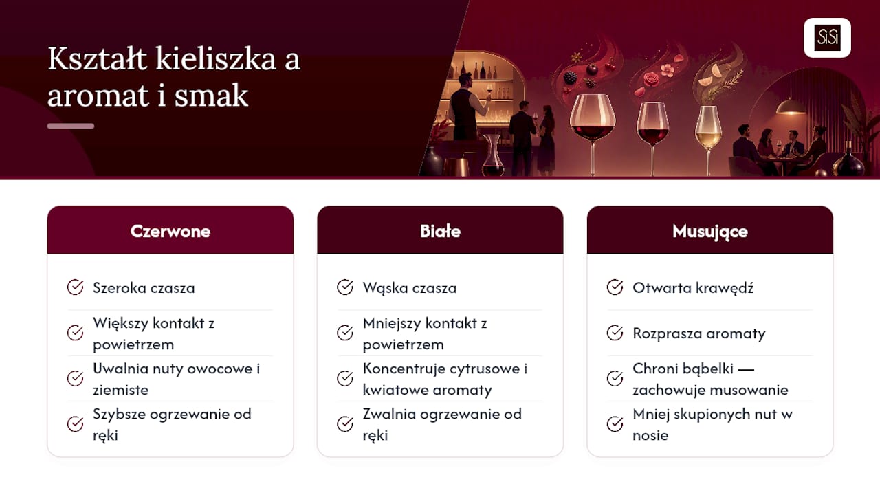 Wpływ kształtu kieliszka na aromat i smak wina — overview diagram