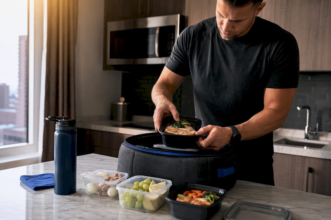 Meal containers arranged in a hotel kitchenette