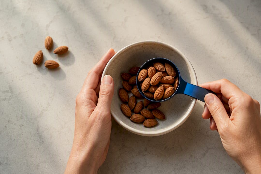 Hands measuring almonds into a bowl
